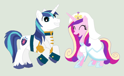 Size: 840x521 | Tagged: safe, artist:jadethepegasus, derpibooru import, princess cadance, shining armor, alicorn, pony, unicorn, female, horn, male, mare, multicolored mane, pink coat, stallion, two toned mane, white coat