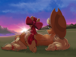 Size: 2743x2048 | Tagged: safe, artist:skitsroom, derpibooru import, apple bloom, applejack, earth pony, pony, apple sisters, cowboy hat, duo, female, filly, grass, hat, haystick, high res, lake, mare, mountain, scenery, siblings, sisters, stetson, sunrise, underhoof, water