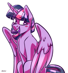 Size: 1778x1918 | Tagged: safe, artist:lrusu, derpibooru import, twilight sparkle, twilight sparkle (alicorn), alicorn, pony, blushing, female, looking at you, mare, simple background, sitting, smiling, solo, white background