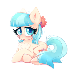 Size: 2269x2285 | Tagged: safe, artist:confetticakez, derpibooru import, coco pommel, earth pony, pony, blushing, chest fluff, cocobetes, crossed hooves, cute, female, flower, flower in hair, high res, lying down, mare, missing accessory, shy, simple background, solo, underhoof, white background