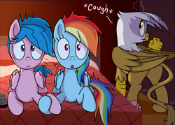 Size: 7200x5152 | Tagged: safe, artist:sorcerushorserus, derpibooru import, firefly, gilda, rainbow dash, griffon, pegasus, pony, comic:dash academy, g1, absurd resolution, bed, caught, comic, cough, dashfly, female, holding hooves, hotel, hotel room, lesbian, mare, movie, pillow, remote control, shipping, television, upscaled, waifu2x
