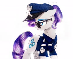 Size: 2832x2322 | Tagged: safe, artist:liaaqila, derpibooru import, rarity, pony, unicorn, alternate hairstyle, alternate universe, badge, clothes, commission, eyeshadow, fanfic art, fashion police, female, hat, high res, makeup, mare, police, police badge, police hat, police officer, police uniform, raricop, shirt, simple background, solo, sunglasses, traditional art, white background