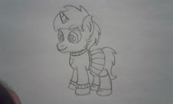 Size: 2560x1536 | Tagged: safe, artist:peternators, derpibooru import, oc, oc only, pony, unicorn, clothes, colt, crossdressing, male, mary janes, monochrome, shoes, sketch, skirt, socks, solo, sweater, traditional art