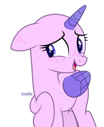 Size: 1716x2094 | Tagged: safe, artist:lazuli, derpibooru import, oc, oc only, alicorn, pony, alicorn oc, bald, base, blushing, eyelashes, horn, open mouth, raised hoof, simple background, smiling, solo, transparent background, wings