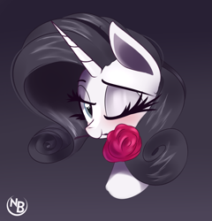 Size: 1771x1848 | Tagged: safe, artist:nevobaster, derpibooru import, rarity, pony, unicorn, black and white, bust, cute, grayscale, monochrome, mouth hold, noir, one eye closed, partial color, portrait, raribetes, solo, wink