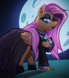Size: 800x896 | Tagged: safe, artist:simondrawsstuff, derpibooru import, fluttershy, pegasus, pony, fake it 'til you make it, clothes, dress, ear piercing, eyeshadow, female, fluttergoth, full moon, goth, looking at you, makeup, mare, moon, night, piercing, solo