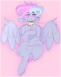 Size: 1280x1613 | Tagged: safe, artist:shinningblossom12, derpibooru import, oc, oc only, oc:shinning blossom, pegasus, pony, blushing, body pillow, body pillow design, choker, female, mare, on back, pegasus oc, solo, spread wings, wings