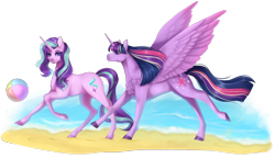 Size: 1834x1058 | Tagged: safe, artist:lou1911, derpibooru import, starlight glimmer, twilight sparkle, twilight sparkle (alicorn), alicorn, pony, unicorn, beach, beach ball, digital art, realistic anatomy, realistic horse legs, realistic wings, simple background, transparent background, wings