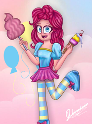 Size: 943x1266 | Tagged: safe, artist:dianedemon, derpibooru import, pinkie pie, human, clothes, cotton candy, female, food, human coloration, humanized, ice cream, smiling, socks, solo, striped socks