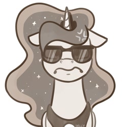 Size: 1280x1280 | Tagged: safe, artist:jellysiek, derpibooru import, princess luna, alicorn, pony, angry, cross-popping veins, crown, digital art, jewelry, ko-fi, monochrome, regalia, sketch, solo, sunglasses