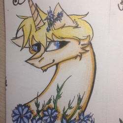 Size: 1080x1080 | Tagged: safe, artist:olyaandspid, derpibooru import, oc, oc only, pony, unicorn, bust, flower, flower in hair, horn, male, solo, stallion, traditional art, unicorn oc, unshorn fetlocks