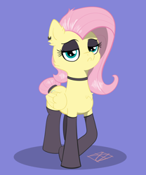 Size: 5000x6000 | Tagged: safe, artist:naen, derpibooru import, fluttershy, pegasus, pony, alternate hairstyle, clothes, cute, ear piercing, goth, piercing, shyabetes, simple background, solo, stockings, thigh highs