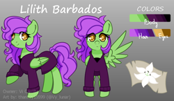 Size: 1300x759 | Tagged: safe, artist:thanhvy15599, derpibooru import, oc, oc:lilith barbados, pegasus, pony, commission, cutie mark, female, gray background, green pony, orange eyes, pegasus oc, purple hair, refsheet, simple background, solo, wings