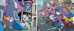 Size: 1390x588 | Tagged: safe, derpibooru import, idw, blue bobbin, coco pommel, plaid stripes, rarity, pony, unicorn, spoiler:comic, spoiler:friendship in disguise, arcee, crown, jewelry, kick, manehatten, regalia, starscream, transformers