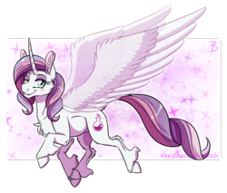 Size: 1332x1135 | Tagged: safe, artist:inuhoshi-to-darkpen, derpibooru import, potion nova, pony, unicorn, my little pony: pony life, abstract background, chest fluff, cloven hooves, ear fluff, female, fluffy, horn, looking at you, mare, one eye closed, smiling, solo, spread wings, transparent wings, unshorn fetlocks, wings, wink