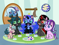 Size: 1300x1000 | Tagged: safe, artist:enigmadoodles, derpibooru import, cozy glow, discord, king sombra, nightmare moon, queen chrysalis, starlight glimmer, trixie, changeling, changeling queen, pegasus, pony, unicorn, my little pony: pony life, the cutie map, cozybetes, cupcake, cute, cutealis, dart board, diatrixes, equal cutie mark, food, g4 to g4.5, glimmerbetes, implied tirek, moonabetes, sombradorable