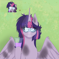 Size: 2048x2048 | Tagged: safe, artist:lunathemoongod, derpibooru import, twilight sparkle, twilight sparkle (alicorn), alicorn, pony, my little pony: pony life, potion mystery, spoiler:pony life s01e19, glasses, redraw, scene interpretation, science, solo