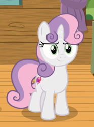 Size: 450x606 | Tagged: safe, derpibooru import, screencap, sweetie belle, pony, unicorn, marks and recreation, cropped, female, filly, looking at you, smiling, solo