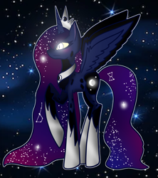 Size: 1600x1800 | Tagged: safe, artist:unikitty66, derpibooru import, princess luna, alicorn, pony, alternate hairstyle, alternate universe, coat markings, crown, ethereal mane, female, glowing eyes, hoof shoes, jewelry, mare, night, raised hoof, redesign, regalia, solo, space, starry mane, stars