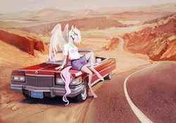 Size: 2048x1430 | Tagged: safe, artist:dearmary, derpibooru import, oc, oc only, anthro, pegasus, unguligrade anthro, cadillac, car, desert, female, road, scenery, solo