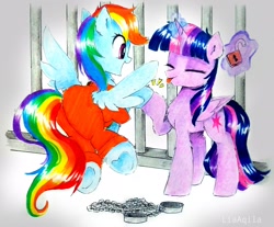 Size: 2810x2322 | Tagged: safe, artist:liaaqila, derpibooru import, rainbow dash, twilight sparkle, twilight sparkle (alicorn), alicorn, pegasus, pony, clothes, commission, cute, dashabetes, hoofbump, prison outfit, prisoner rd, tongue out