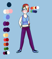 Size: 1600x1800 | Tagged: safe, artist:unikitty66, derpibooru import, rainbow dash, human, albino, alternate hairstyle, belly button, blue background, blushing, clothes, ear piercing, earring, eyebrow piercing, female, humanized, jewelry, midriff, pants, piercing, rainbow dash is not amused, reference sheet, shoes, simple background, sneakers, solo, sweatpants, tanktop, unamused, wristband