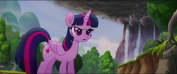 Size: 1920x808 | Tagged: safe, derpibooru import, screencap, twilight sparkle, twilight sparkle (alicorn), alicorn, pony, my little pony: the movie, canterlot, female, mare, nature, solo, waterfall