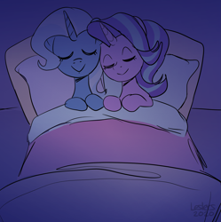 Size: 2143x2153 | Tagged: safe, artist:leslers, derpibooru import, starlight glimmer, trixie, pony, unicorn, bed, cute, diatrixes, female, glimmerbetes, high res, lesbian, shipping, sleeping, startrix