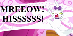 Size: 640x320 | Tagged: safe, derpibooru import, edit, edited screencap, screencap, opalescence, do princesses dream of magic sheep, angry, bow, carousel boutique, cat noises, cropped, hair bow, reaction image