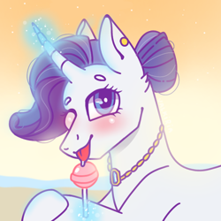 Size: 768x768 | Tagged: safe, artist:valkiria, derpibooru import, rarity, pony, unicorn, beach, blushing, candy, cute, ear piercing, earring, food, gem, glowing horn, happy, horn, jewelry, lollipop, looking at you, magic, necklace, piercing, smiling, tongue out