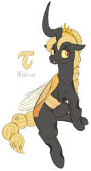 Size: 772x1453 | Tagged: safe, artist:heretichesh, derpibooru import, oc, oc:metaxi, changeling, changeling queen, braided ponytail, braided tail, changeling oc, crown, female, jewelry, mare, raised hoof, regalia, sitting, sketch, solo, yellow changeling