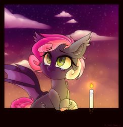 Size: 1385x1424 | Tagged: source needed, safe, artist:_spacemonkeyz_, derpibooru import, oc, oc:fizzle berry, bat pony, candle, crying, sky, solo