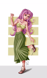 Size: 3040x4960 | Tagged: safe, artist:beamsaber, derpibooru import, fluttershy, human, bandeau, bare shoulders, belly button, breasts, clothes, female, hootershy, humanized, long skirt, midriff, nail polish, sandals, shoes, signature, simple background, skirt, sleeveless, solo, strapless, toenail polish