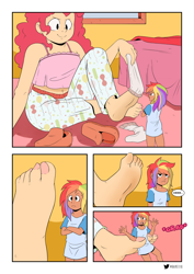 Size: 1448x2048 | Tagged: safe, artist:raph13th, derpibooru import, pinkie pie, rainbow dash, human, barefoot, clothes, dialogue, duo, duo female, feet, female, fetish, foot fetish, giantess, humanized, macro, micro, shoes, size difference, socks, soles, speech bubble