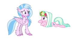 Size: 1188x636 | Tagged: safe, artist:vargo, derpibooru import, edit, silverstream, tender brush, winter lotus, earth pony, hippogriff, pony, female, floating, flower, flower in hair, hand on face, look-alike, looking at each other, mare, prone, simple background, upvote bait, white background