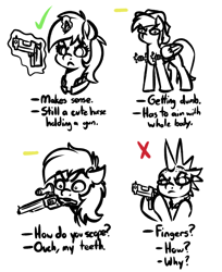 Size: 4000x4900 | Tagged: safe, artist:witchtaunter, derpibooru import, oc, oc:calamity, oc:littlepip, earth pony, pegasus, pony, unicorn, fallout equestria, battle saddle, female, gun, levitation, magic, mare, mouth hold, partial color, raider, telekinesis, weapon