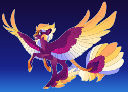 Size: 4222x3036 | Tagged: safe, artist:turnipberry, derpibooru import, oc, oc only, oc:fire falls, hybrid, pegasus, abstract background, colored wings, interspecies offspring, magical lesbian spawn, offspring, parent:autumn blaze, parent:rainbow dash, parents:autumndash, scales, solo, winged hooves, wings