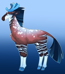 Size: 2510x2837 | Tagged: safe, artist:turnipberry, derpibooru import, oc, oc only, okapi, them's fightin' herds, abstract background, antlers, community related, dappled, gradient background, interspecies offspring, looking at you, magical lesbian spawn, male, offspring, parent:velvet reindeer, parent:zecora, smiling, socks (coat marking), solo, striped legs