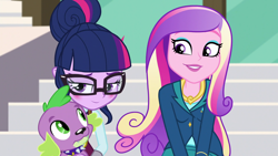 Size: 1920x1080 | Tagged: safe, derpibooru import, screencap, dean cadance, princess cadance, sci-twi, spike, spike the regular dog, twilight sparkle, dog, equestria girls, friendship games, blushing, clothes, crystal prep academy uniform, eyeshadow, female, glasses, lipstick, looking away, looking down, makeup, male, medal, school uniform, sitting, spike's dog collar