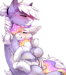 Size: 2213x2524 | Tagged: safe, artist:suplolnope, derpibooru import, oc, oc only, oc:aurryhollows, oc:foxypone, earth pony, pegasus, pony, cheek fluff, hug, simple background, white background