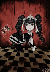 Size: 1434x2048 | Tagged: safe, artist:blackstrawberry14, derpibooru import, pony, unicorn, celestia ludenberg, checkered floor, clothes, danganronpa, dress, drill hair, female, gothic lolita, looking at you, magic, mare, playing card, ponified, solo, telekinesis, traditional art