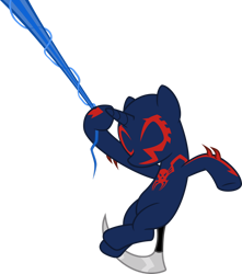 Size: 1280x1448 | Tagged: safe, artist:mlp-trailgrazer, derpibooru import, oc, oc:evan, unicorn, clothes, cosplay, costume, male, simple background, solo, spider-man, spider-man 2099, stallion, transparent background