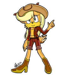 Size: 1258x1474 | Tagged: safe, artist:mysteryart716, derpibooru import, part of a set, applejack, anthro, coyote, plantigrade anthro, clothes, female, hat, mobian, shoes, simple background, solo, sonic the hedgehog (series), sonicified, species swap, style emulation, transparent background, yuji uekawa style