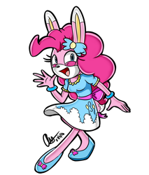 Size: 1258x1474 | Tagged: safe, artist:mysteryart716, derpibooru import, part of a set, pinkie pie, anthro, plantigrade anthro, rabbit, animal, bunnified, bunny pie, clothes, female, mobian, shoes, simple background, solo, sonic the hedgehog (series), sonicified, species swap, style emulation, transparent background, yuji uekawa style