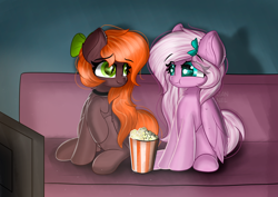 Size: 4092x2893 | Tagged: safe, artist:janelearts, derpibooru import, oc, oc only, pegasus, pony, commission, duo, eye contact, female, food, looking at each other, mare, popcorn, sitting, smiling, sofa, television