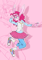 Size: 1884x2694 | Tagged: safe, artist:mysteryart716, derpibooru import, part of a set, pinkie pie, anthro, plantigrade anthro, rabbit, action pose, animal, bracelet, clothes, converse, female, jewelry, jumping, mobian, necktie, shirt, shoes, skirt, socks, solo, sonic the hedgehog (series), sonicified, species swap, vest, zoom layer