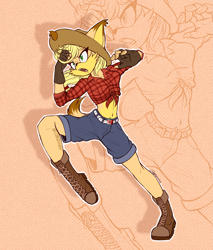 Size: 2261x2652 | Tagged: safe, artist:mysteryart716, derpibooru import, part of a set, applejack, anthro, dog, plantigrade anthro, action pose, boots, clothes, female, fingerless gloves, front knot midriff, gloves, hat, midriff, mobian, shoes, shorts, solo, sonic the hedgehog (series), sonicified, species swap, zoom layer