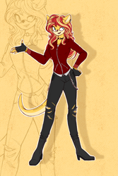 Size: 1999x3001 | Tagged: safe, artist:mysteryart716, derpibooru import, part of a set, sunset shimmer, anthro, otter, plantigrade anthro, boots, bracelet, choker, clothes, female, fingerless gloves, gloves, jacket, jewelry, leather, leather boots, leather jacket, leather pants, mobian, pants, shoes, solo, sonic the hedgehog (series), sonicified, species swap, zoom layer