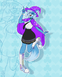 Size: 2205x2719 | Tagged: safe, artist:mysteryart716, derpibooru import, part of a set, trixie, anthro, fox, plantigrade anthro, boots, bracelet, cape, choker, clothes, converse, female, hat, jewelry, mobian, necktie, one eye closed, open mouth, shoes, skirt, solo, sonic the hedgehog (series), sonicified, species swap, trixie's cape, trixie's hat, zoom layer