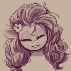 Size: 1479x1489 | Tagged: safe, artist:napalm express, derpibooru import, pear butter, earth pony, bust, cute, explicit source, eyes closed, female, flower, flower in hair, mare, monochrome, pearabetes, simple background, smiling, solo
